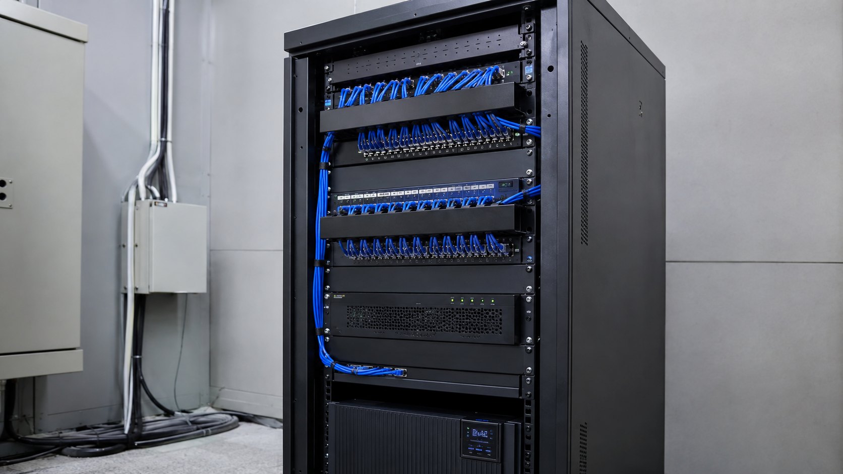 파란색 네트워크 케이블과 NVR 장비가 정돈된 CCTV 통신 랙